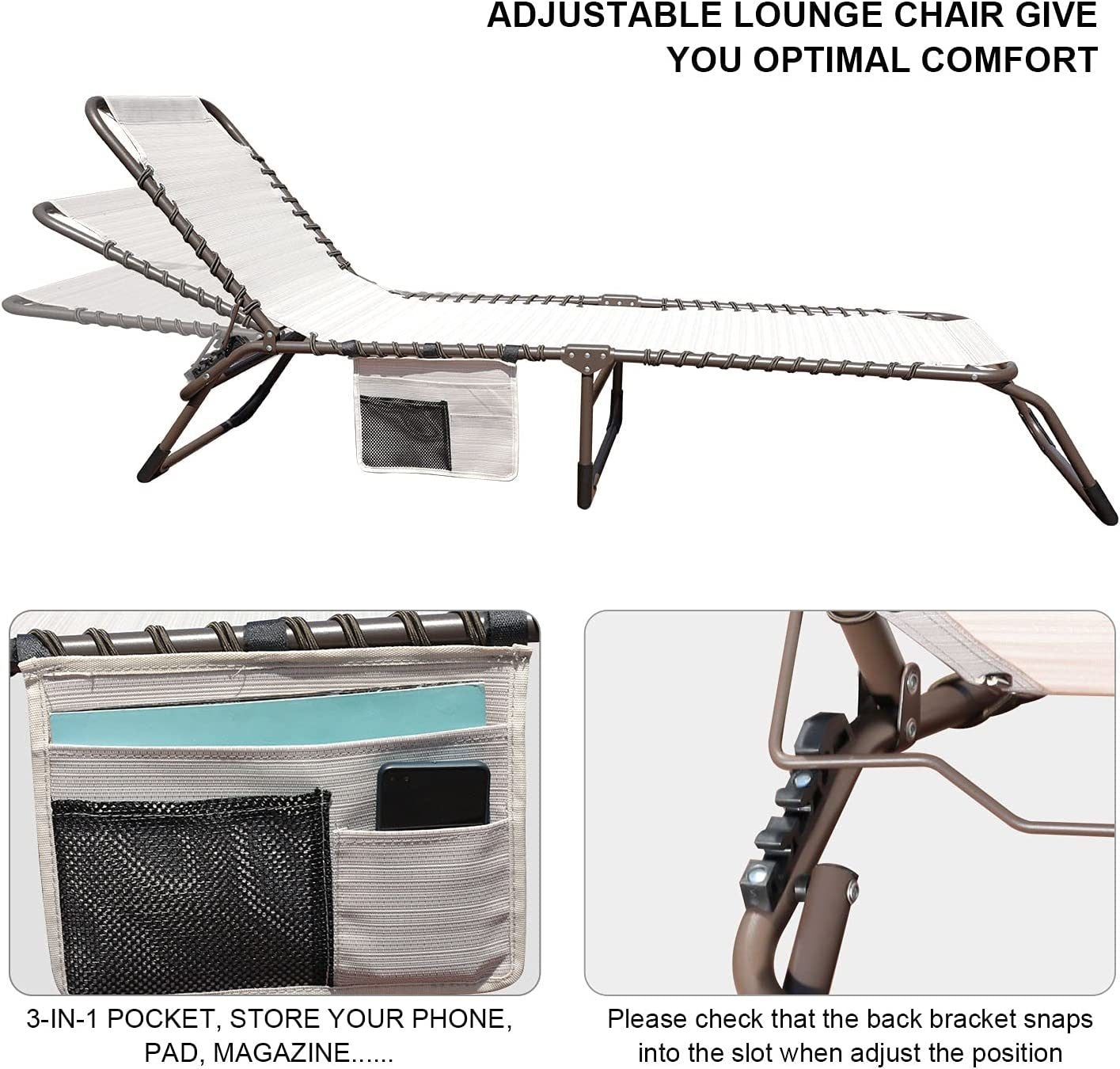Foldable Patio Chaise Lounge Chair for Outdoor with Detachable Pocket and Pillow, Portable Adjustable Sun Lounger Recliner for Beach, Camping and Pool Doba